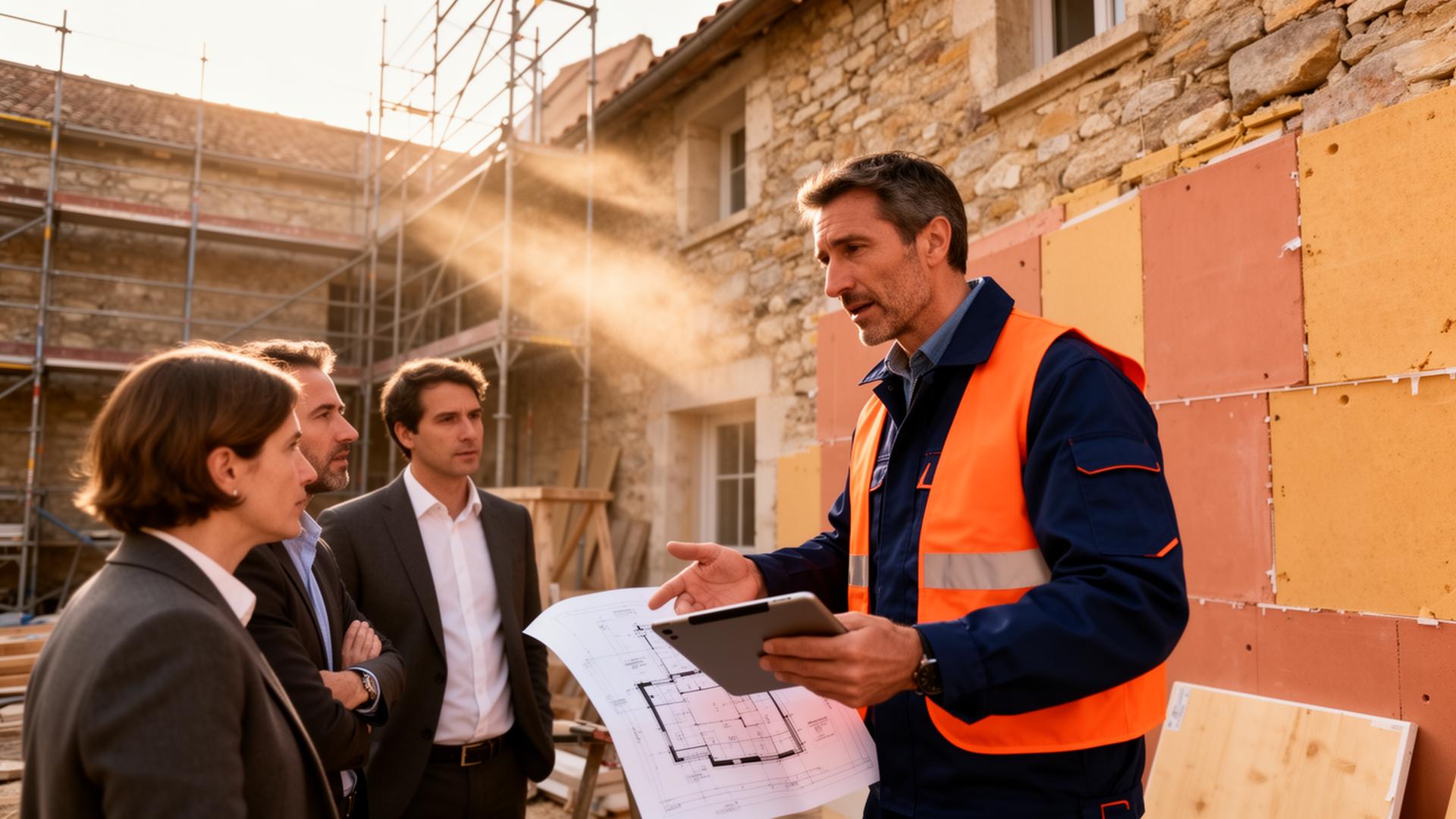 Formateur expliquant un projet de rénovation énergétique sur un chantier